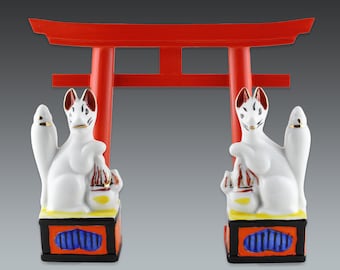 japanese ceramic inari fox pair with red wooden torii gate, japanese fox, religious decor