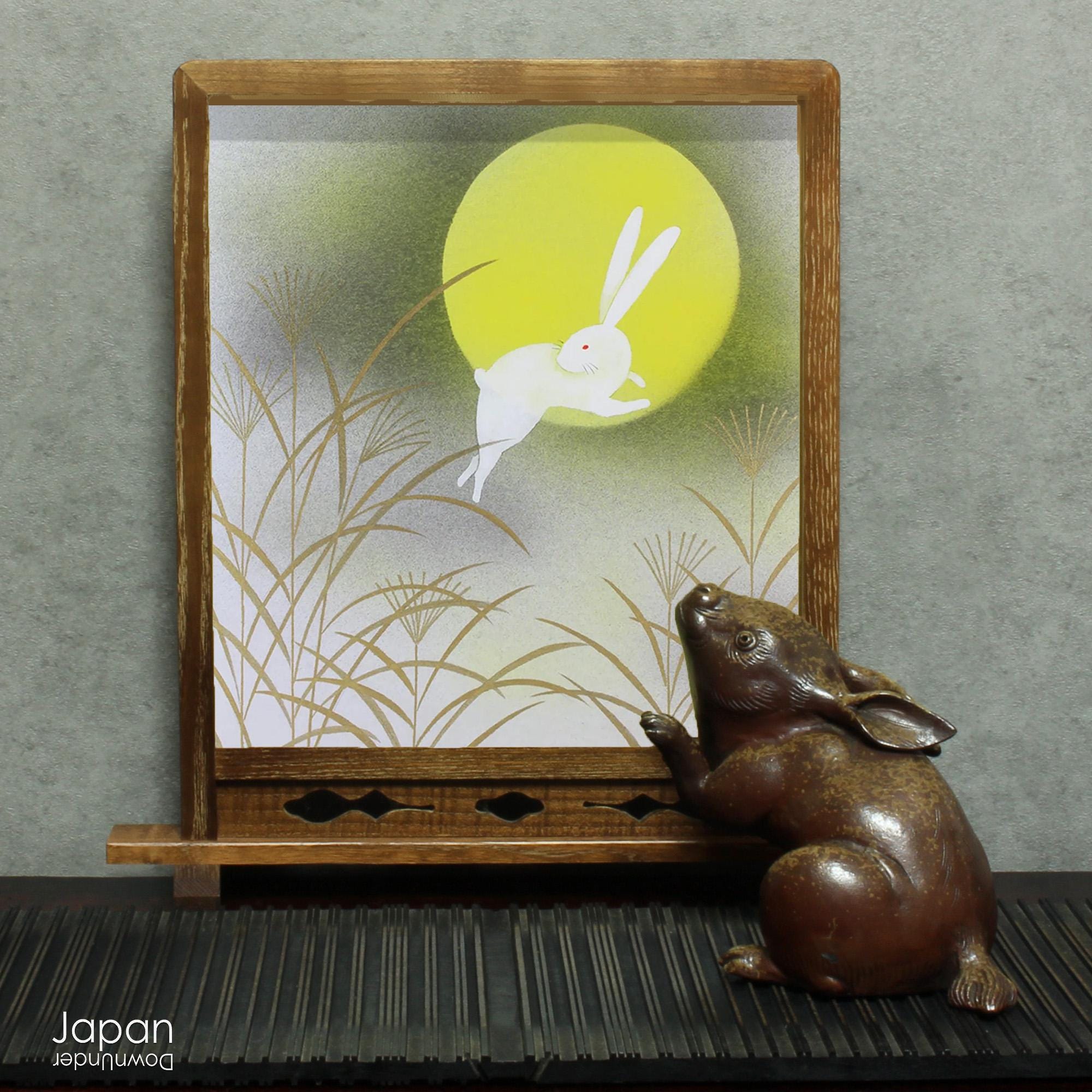 Japanese Moon Rabbit Red Japanese Moon Rabbit Shikishi Painting: Tsukimi Moon Viewing Art ...