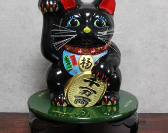 12 Inch Japanese Black Maneki Neko Beckoning Cat With Lucky
