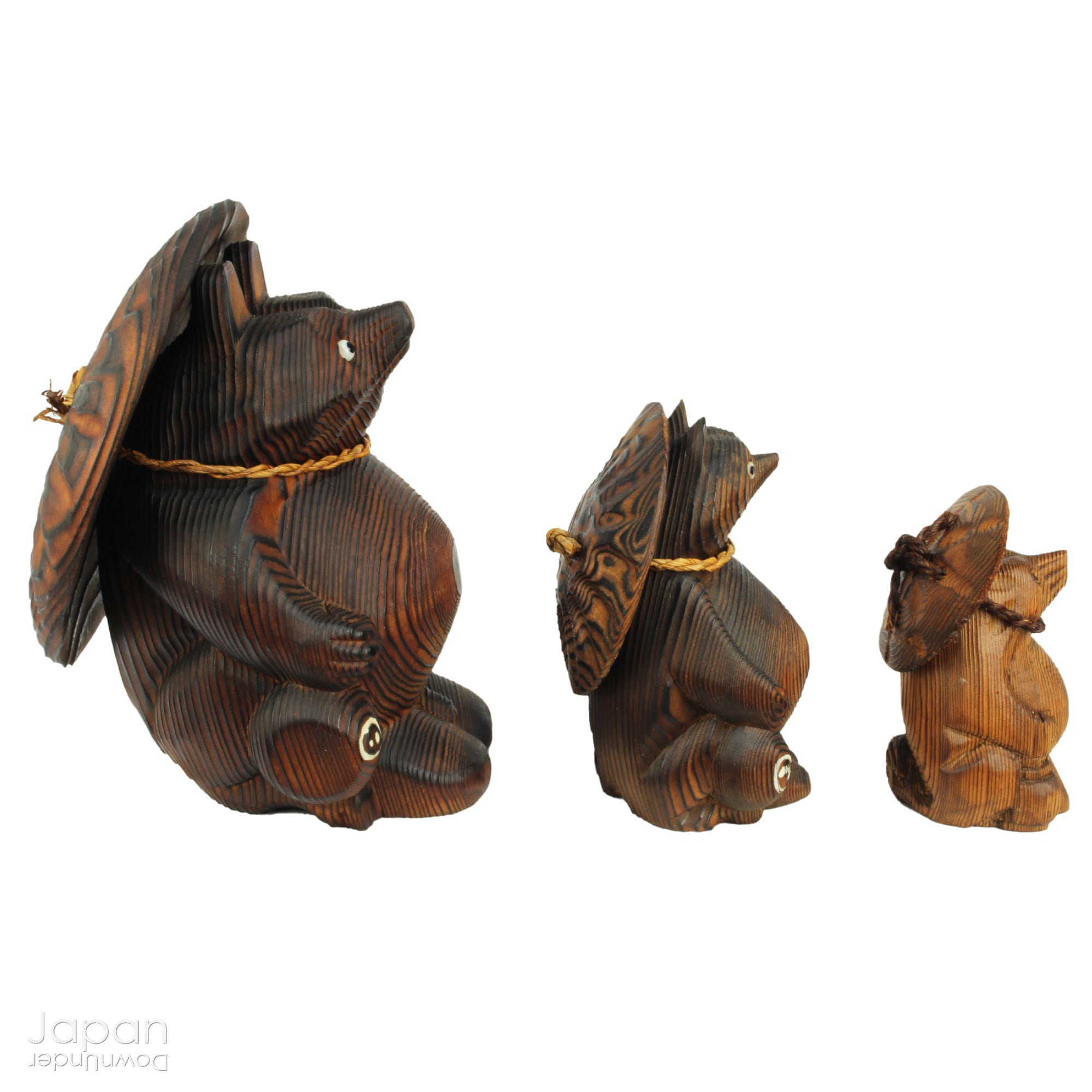 Japanese Antique Tanuki Collection, Three Cypress Wood Japanese Antique Tanuki Collection, Three Cypress Wood
