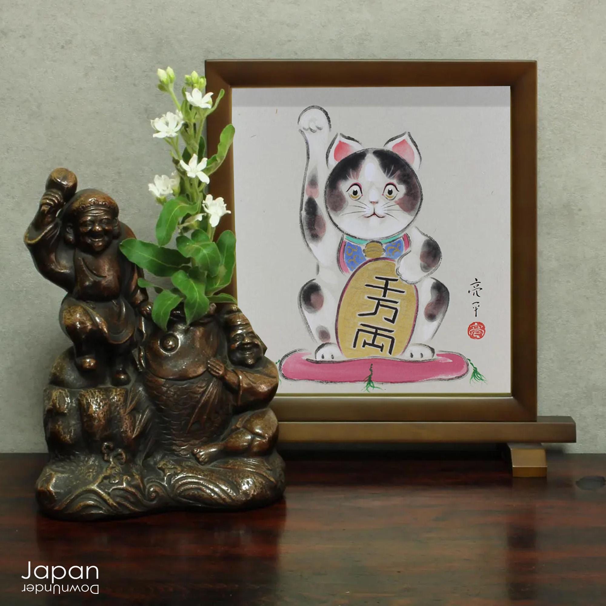 色紙に描かれた招き猫の日本画 - Etsy 日本