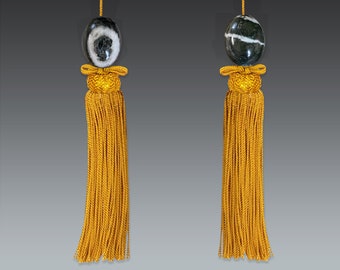 japanese marbled black onyx hanging scroll weight with gold tassel, japanese fuchin