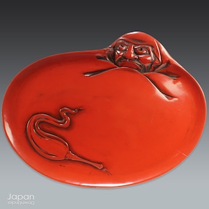 vintage japanese red lacquer daruma shaped tray - hand carved decorative tray