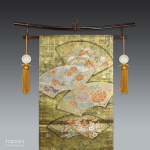 vintage japanese obi with fans, ducks, cherry blossoms and orange and purple flowers on gold background, silk brocade obi, obi wall hanging