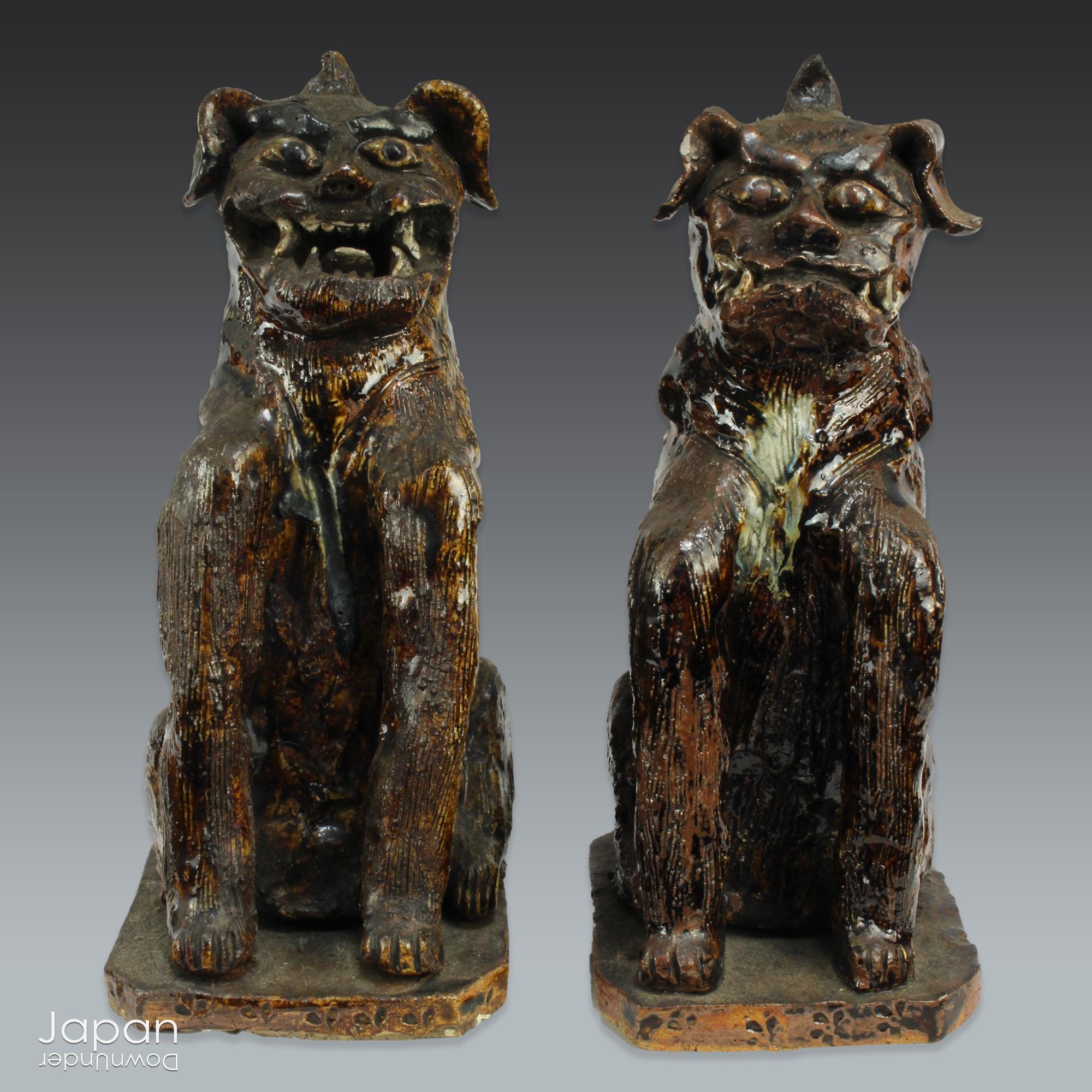 japanese antique lion dog pair - shinto shrine guardians