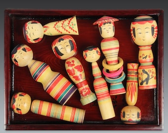 vintage kokeshi doll set, traditional signed kokeshi doll, japanese folk craft