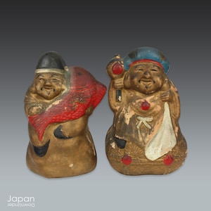 Antique Japanese Ebisu Daikoku Statues: Seto Clay Money Banks, Taisho Folk Art