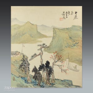antique japanese watercolor painting on silk shikishi - chinese water & mountain art