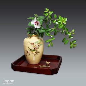 Vintage Japanese Lacquer Display Pedestal Tray: Hinoki Wood Stand with Walnut Shell Feet