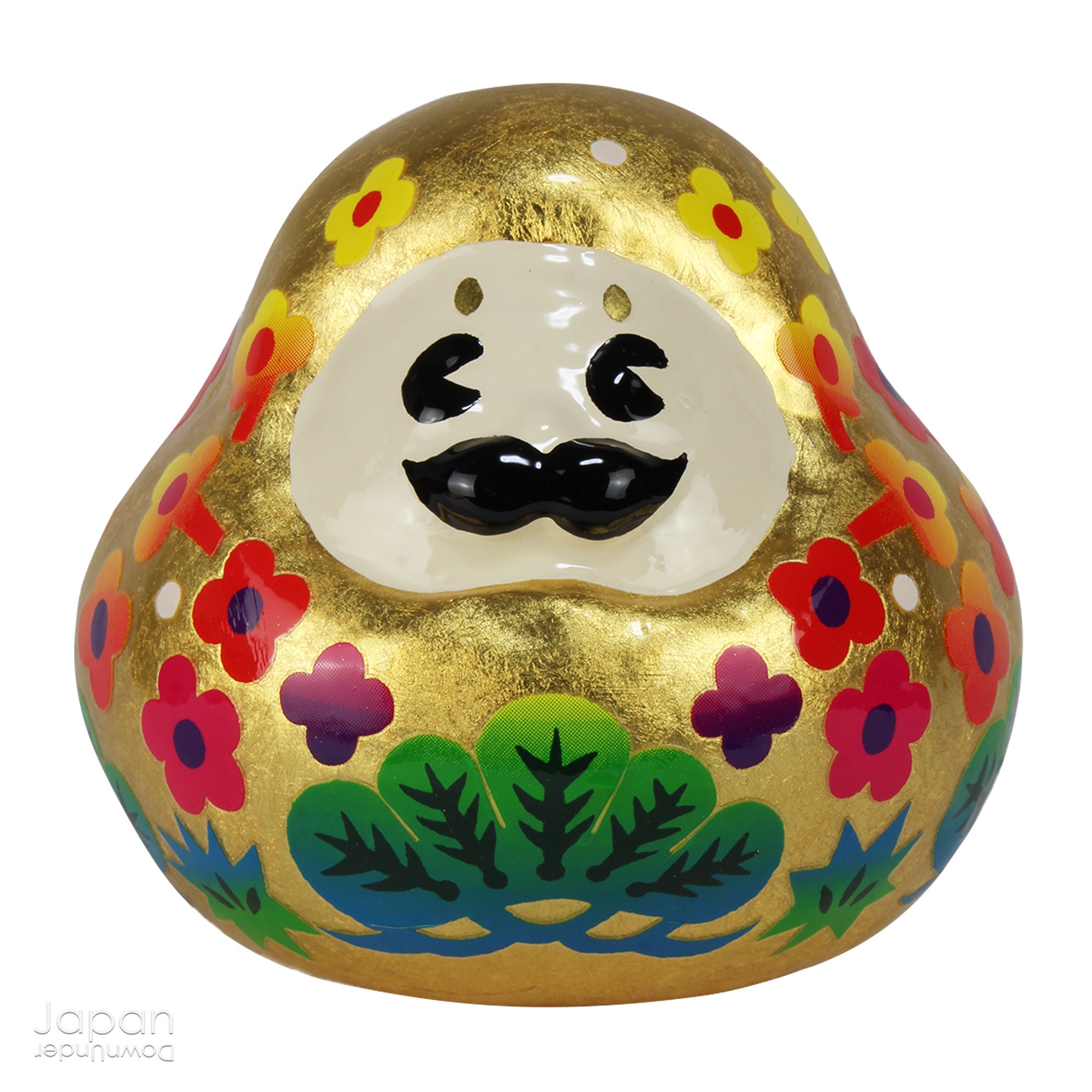 Hyakuman-san Gold Daruma With Mustache: Japanese Folk Art Lucky