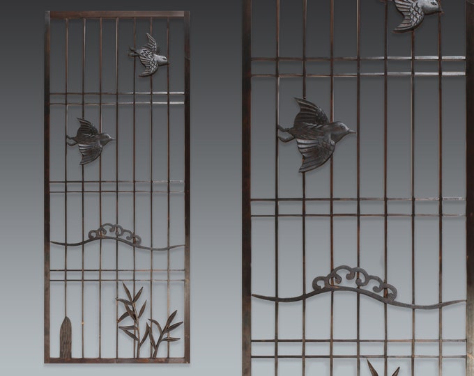 Japanese Antique Kumiko Shoji Screen With Plover and Ocean Waves Design