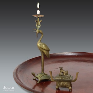 vintage japanese altar candle holder and censor - aged patina, spiritual home decor