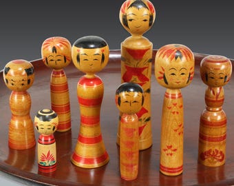 kokeshi doll set - traditional japanese folk art, rustic decor