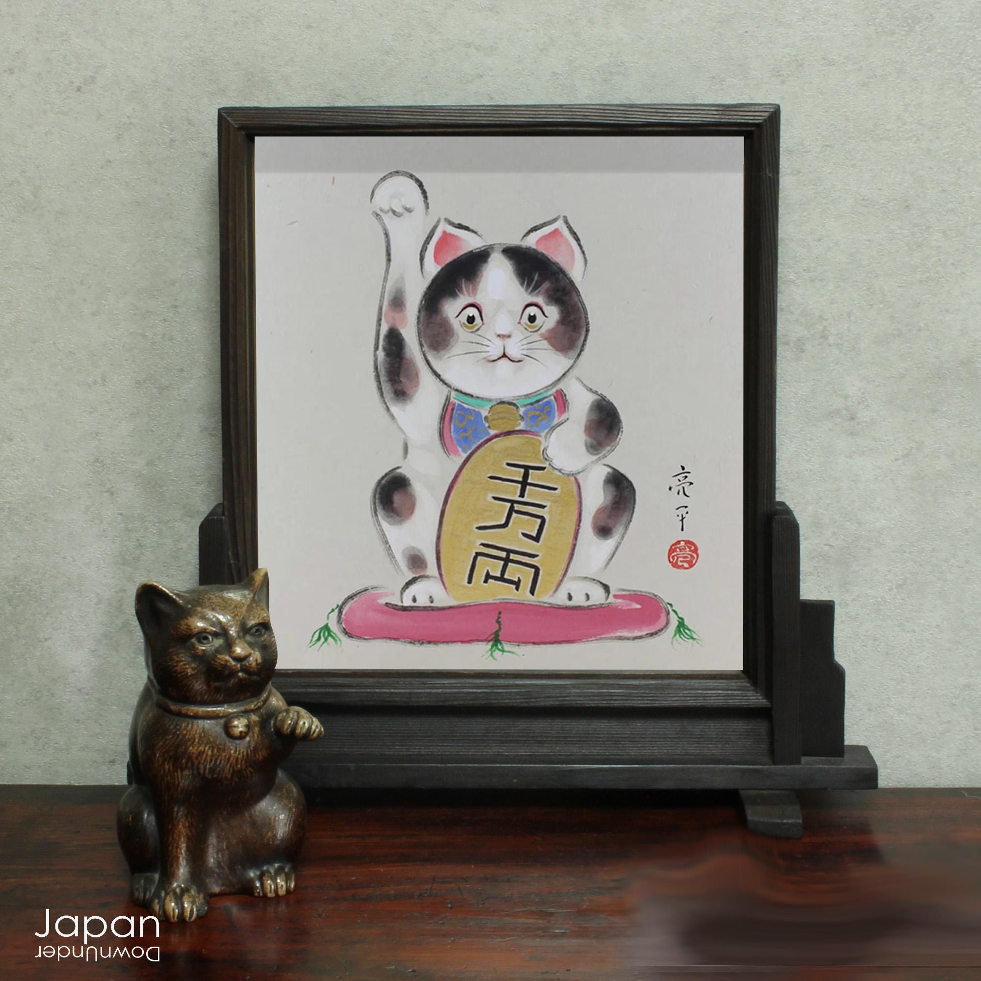 色紙に描かれた招き猫の日本画 - Etsy 日本