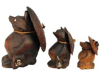 Antique Japanese Tanuki Wood Carvings Trio - Folk Art Lucky