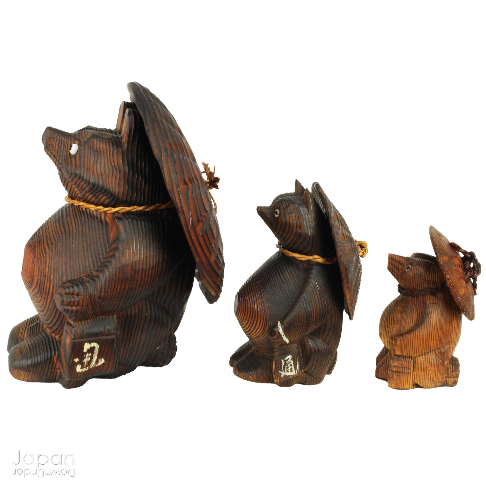 Japanese Antique Tanuki Collection, Three Cypress Wood Japanese Antique Tanuki Collection, Three Cypress Wood