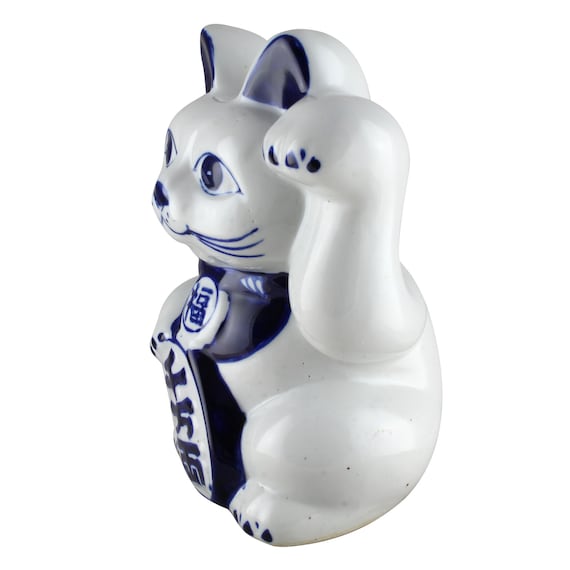 Gatto fortunato manekineko giapponese bianco e grigio in ceramica, HAITORA,  6 cm