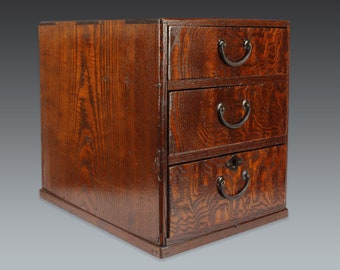 japanese antique chest with three small drawers,  taisho era zelkova small chest, japanese mingei