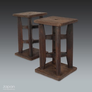 two japanese antique silk thread spools, itomaki, wood bobbin, wood stand, plant stand