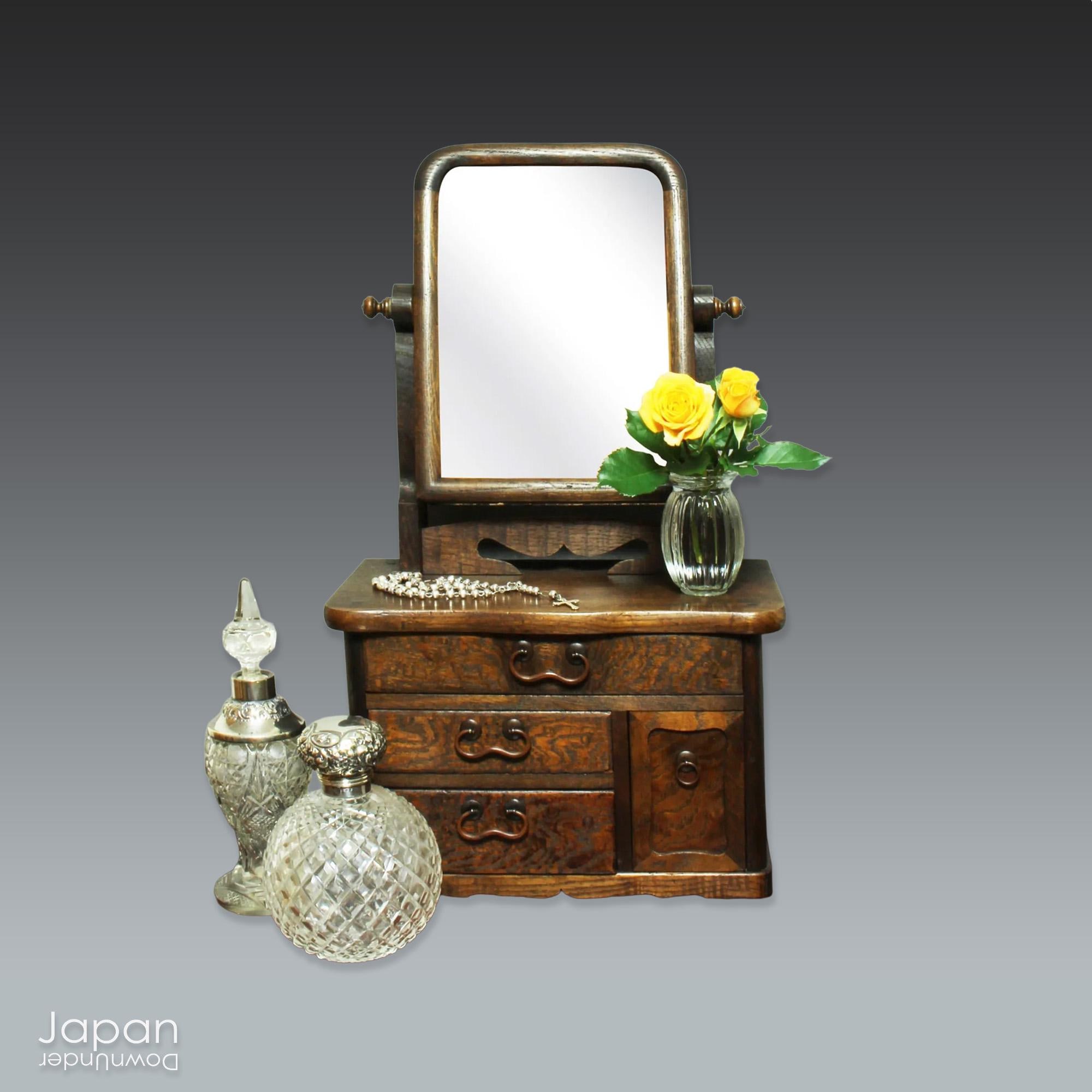 希少レア　アンティーク　木製 彫刻入り CD/DVD収納キャビネット/スタンド Japanese Antique Kyodai Vanity Mirror: Taisho Era Dressing Chest