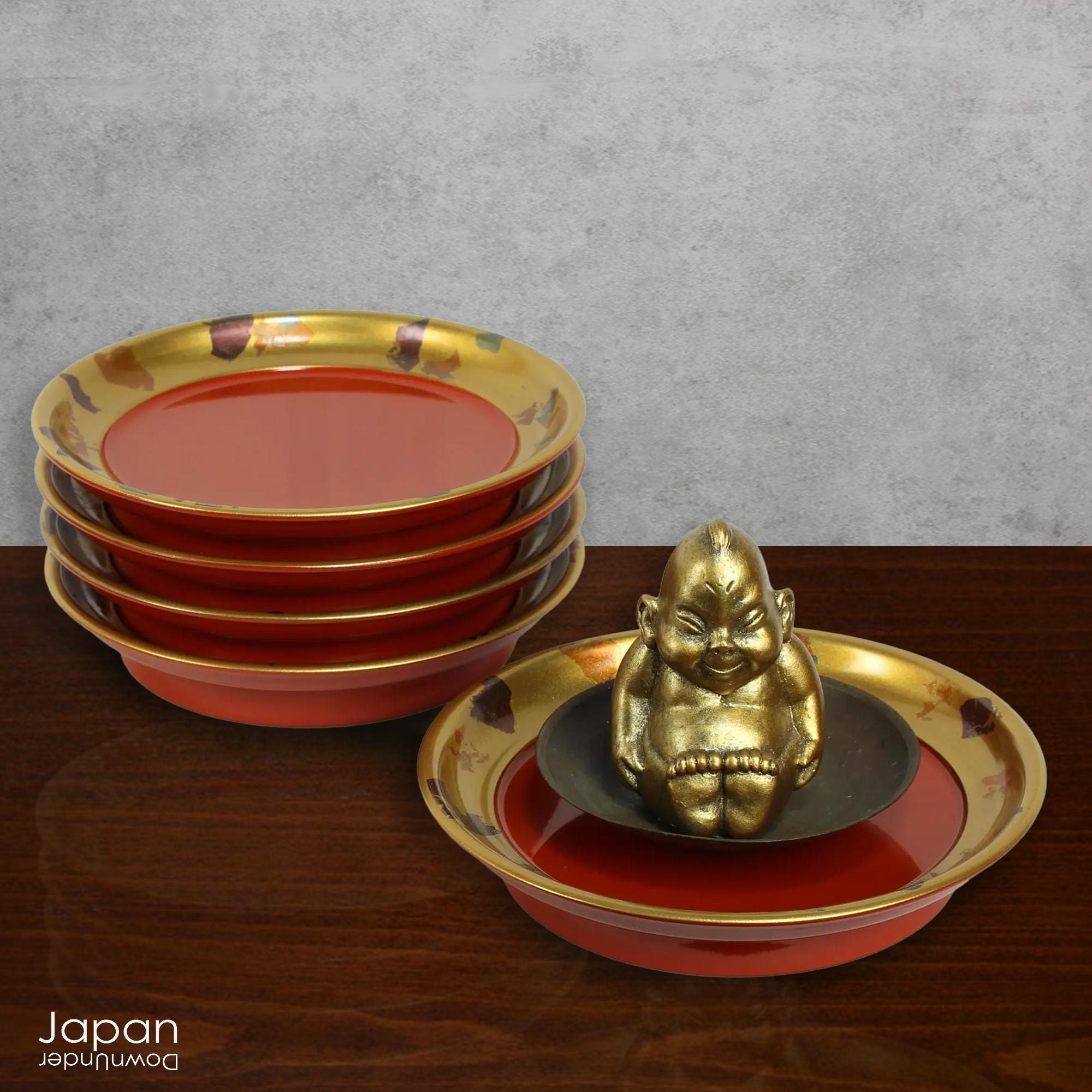 漆器 金色の皿 5個セット 朱と金の椿漆塗り皿：5枚セット、箱入り和菓子皿 - Etsy 日本