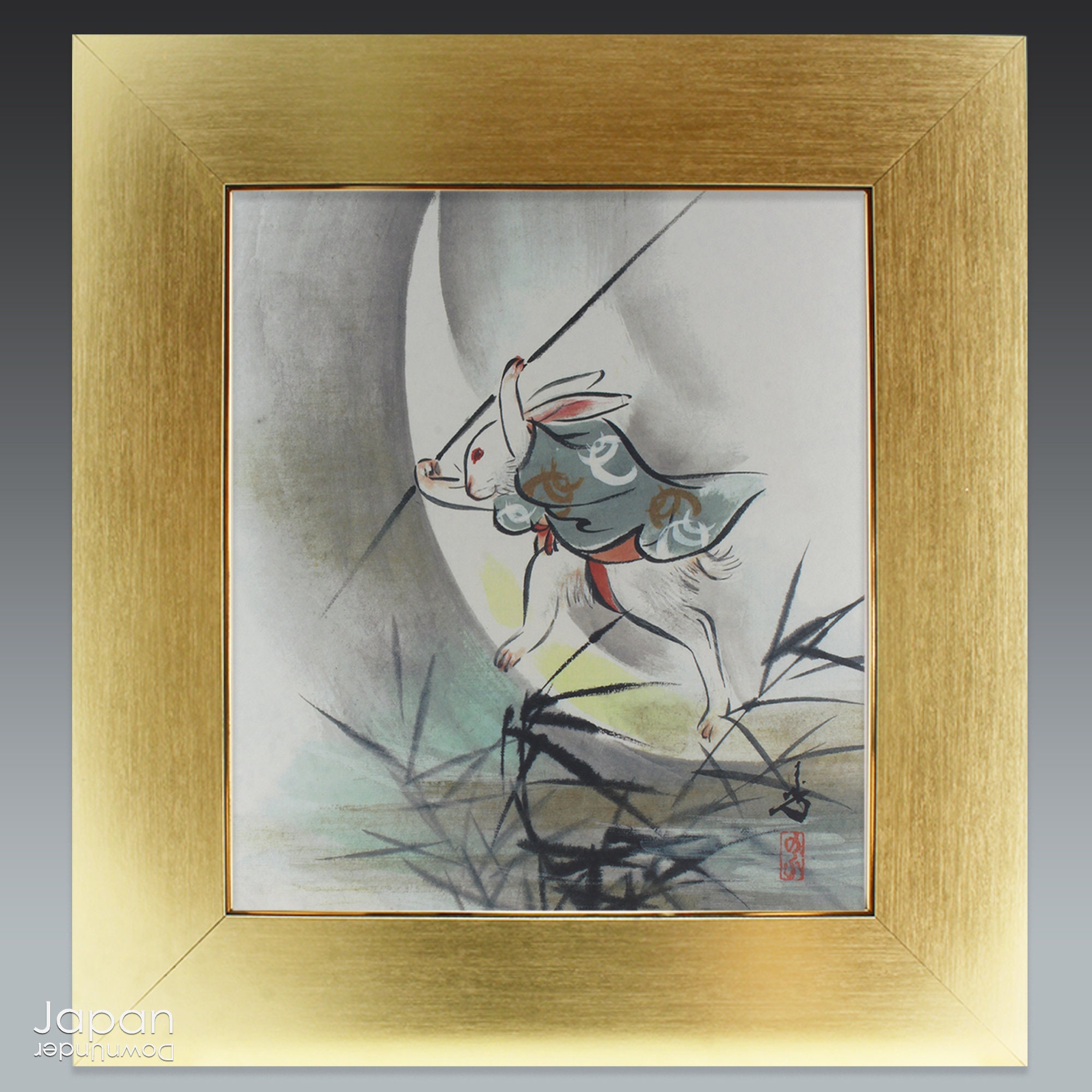 絵画 日本画 “林檎うさぎ” ミニ色紙サイズ 額付き | Ayane Kubo