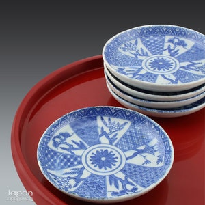 Antique Japanese Imari Transferware Plate Set: Blue & White Inban Kozara