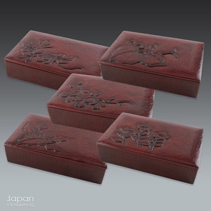 antique japanese lacquered box set - bento box & keepsake storage box with carved wood floral art