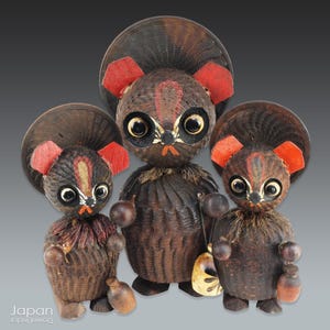 antique japanese tanuki wood carvings trio - folk art lucky charms
