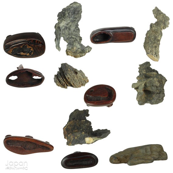 Rare Miniature Suiseki Set on Ebony Daiza: Japanese Viewing Stones
