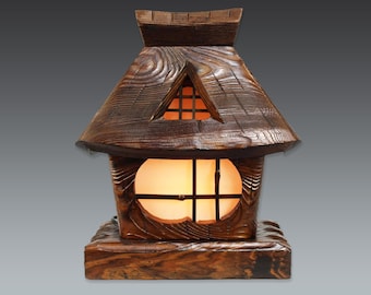 Vintage Japanese Mountain Hut Table Lamp: Sugi Wood Folk Art, Kuzuya