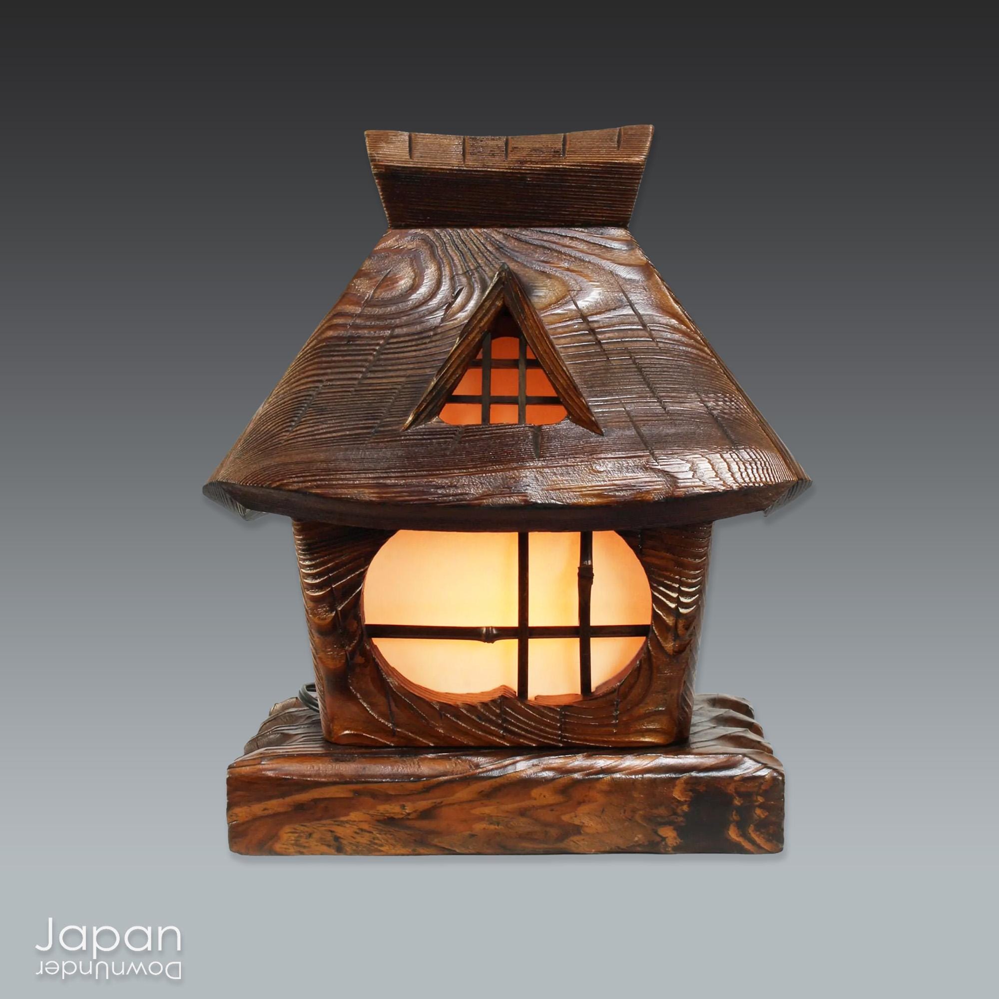 Japanese Sugi Wood Hut Lamp: Wabi Sabi Lighting, Folk Art Table