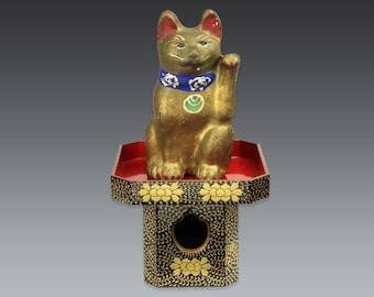 Antique Japanese Gold Maneki Neko: Lucky Cat on Hina Lacquer Stand