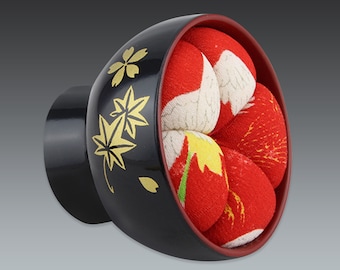 Japanese Kimono Fabric Pin Cushion: Lacquer Sake Cup Base