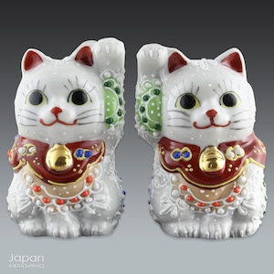 japanese miniature pair of white floral kutani maneki neko
