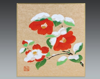 red camellia mini shikishi silk screen print, japanese shikishi art, camellia shikishi art board