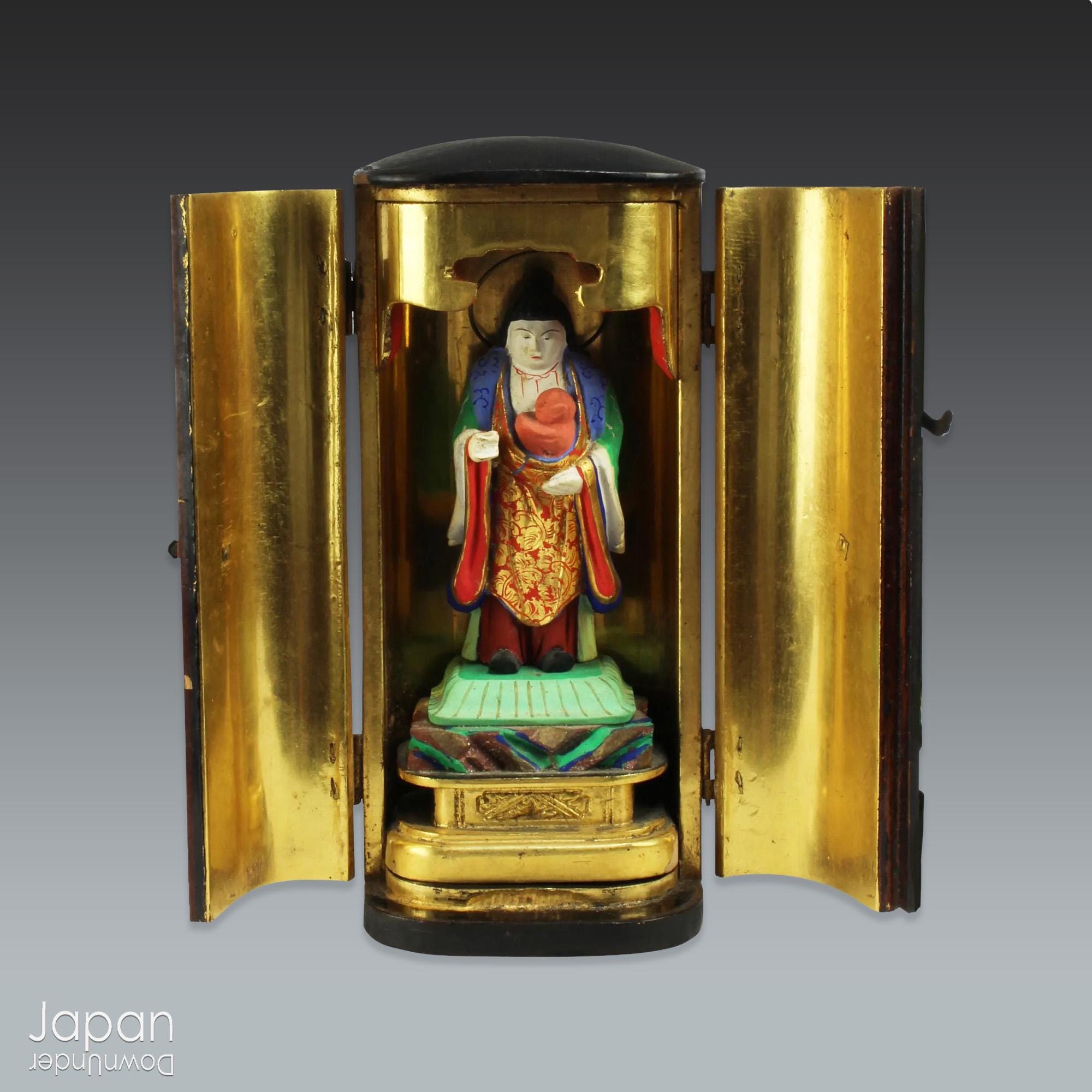 Antique Japanese Zushi Shrine: Kishimojin Goddess, Child