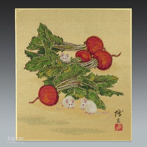 vintage japanese silk woven tapestry - mice and radish shikishi wall decor
