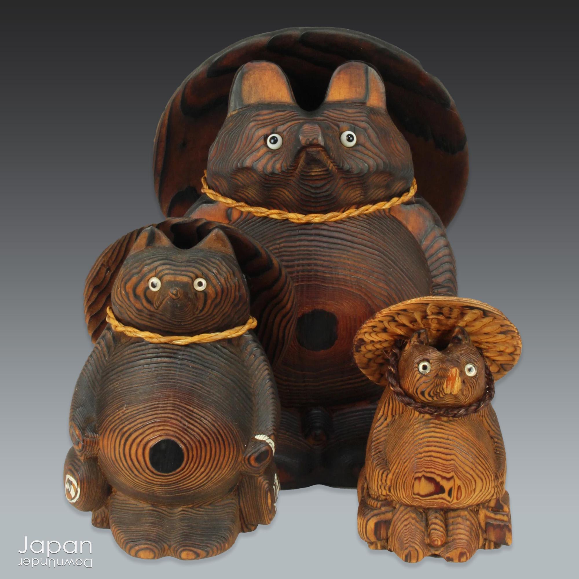 Japanese Antique Tanuki Collection, Three Cypress Wood Japanese Antique Tanuki Collection, Three Cypress Wood