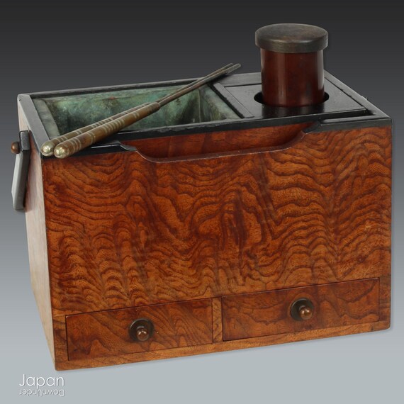 Antique Japanese Tabako-bon Smoking Box in Karaki Wood: Sculptural Storage  Object