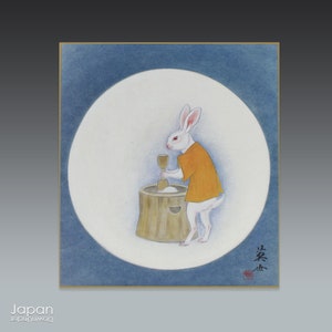 coniglio shikishi, tavola artistica shikishi coniglio sulla luna, anno del coniglio, stampa d'arte giapponese, decorazione del capodanno giapponese