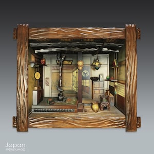 Large Vintage Japanese Farmhouse Wall Art: Hand-Carved 3D Kominka Interior Scene
