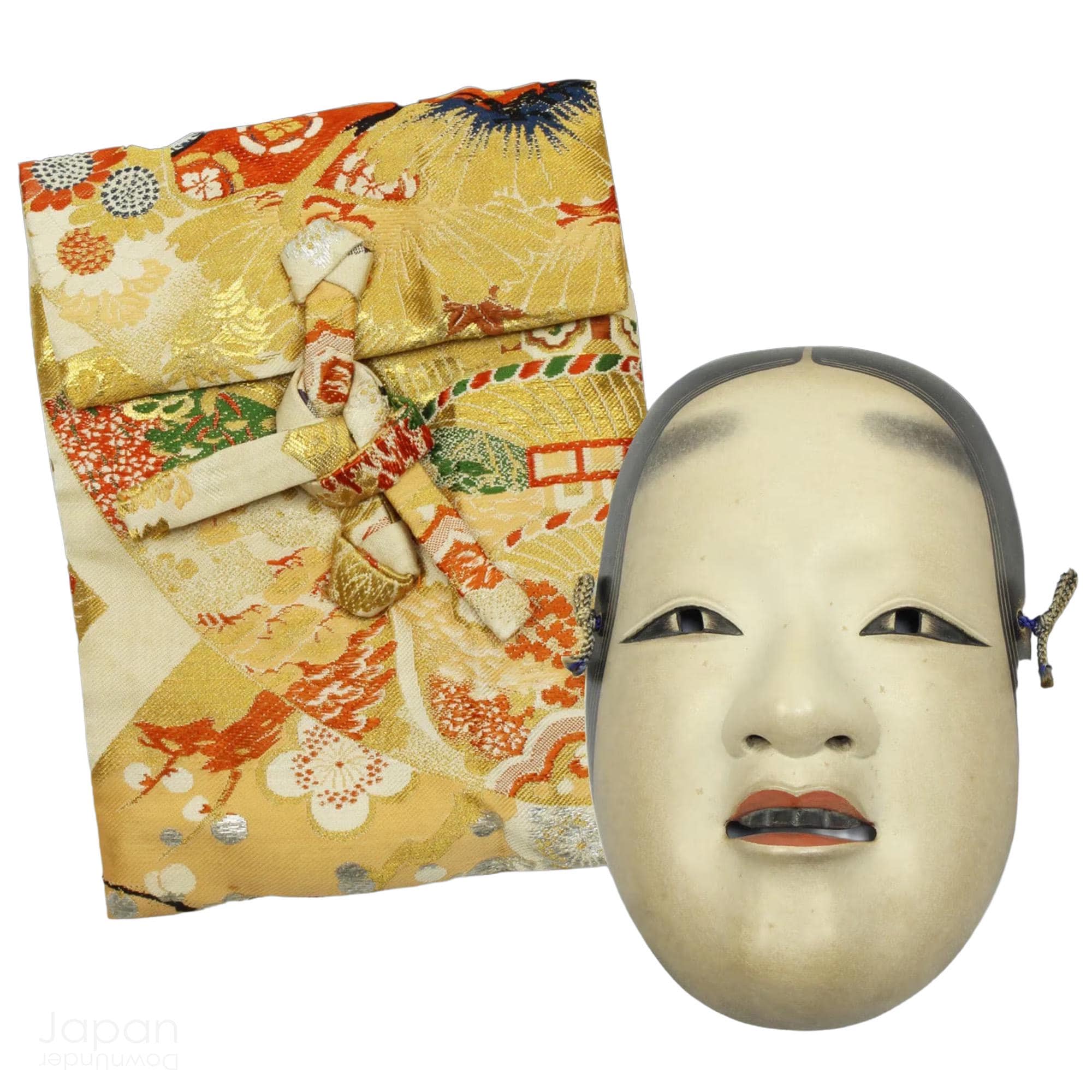 Vintage Ko-omote Noh Mask With Silk Brocade Pouch and Signed Box