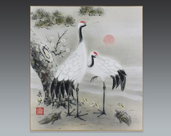 japanese shikishi watercolor painting with crane and turtle - new year decoration