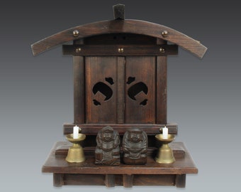 japanese antique kamidana shinto shrine with ebisu and daikoku gods and brass candle holders