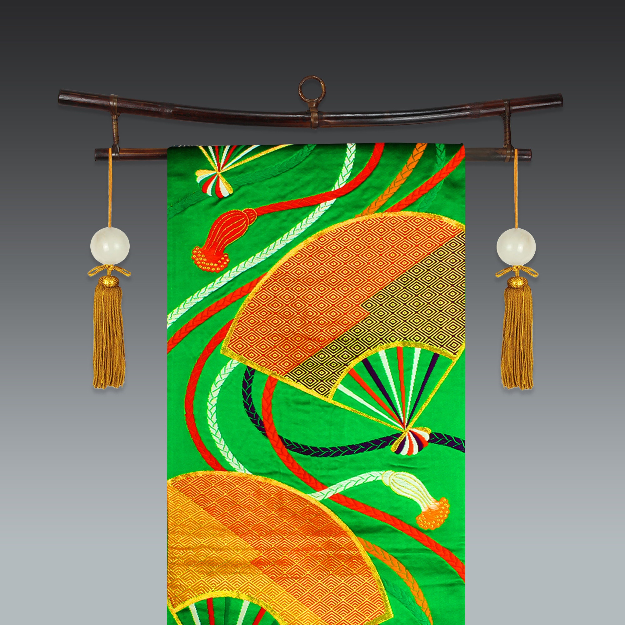 Vintage Green Fukuro Obi Sash: Japanese Fan Wall Hanging - Etsy