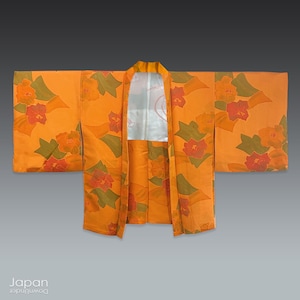 as new vintage japanese silk haori kimono coat, orange silk haori with dark orange flowers and green leaves