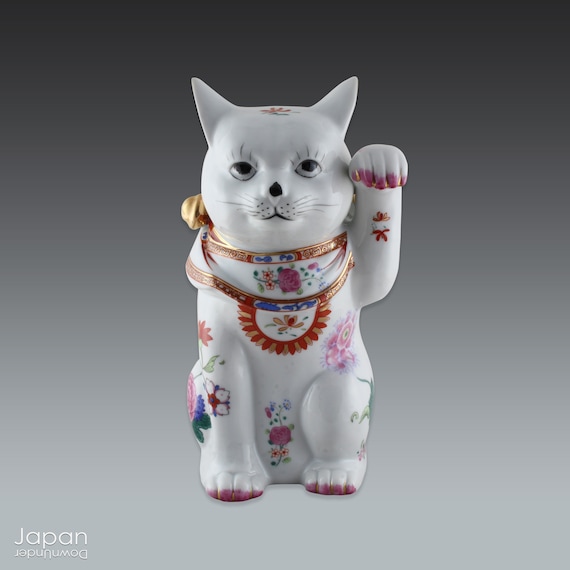 Vintage Maneki Neko - Japanese Ceramic Lucky Cat With Flower Art