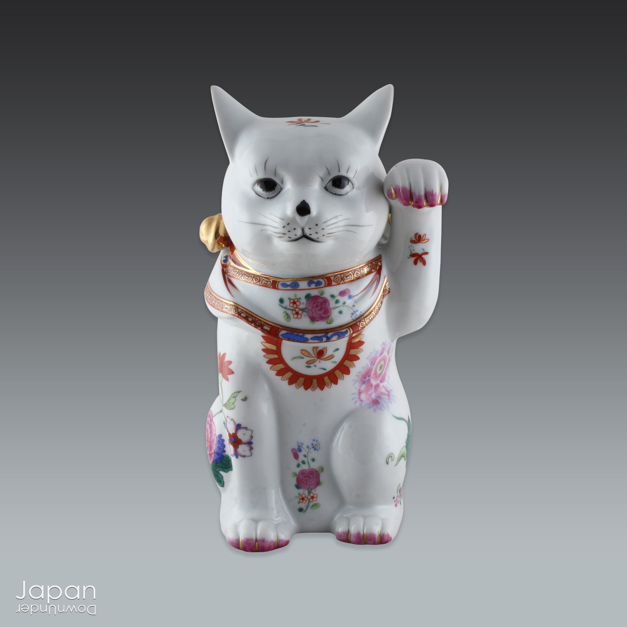 Vintage Maneki Neko - Japanese Ceramic Lucky Cat With Flower