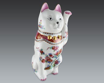 Large Vintage Seto Maneki Neko: Floral Japanese Lucky Cat Sculpture